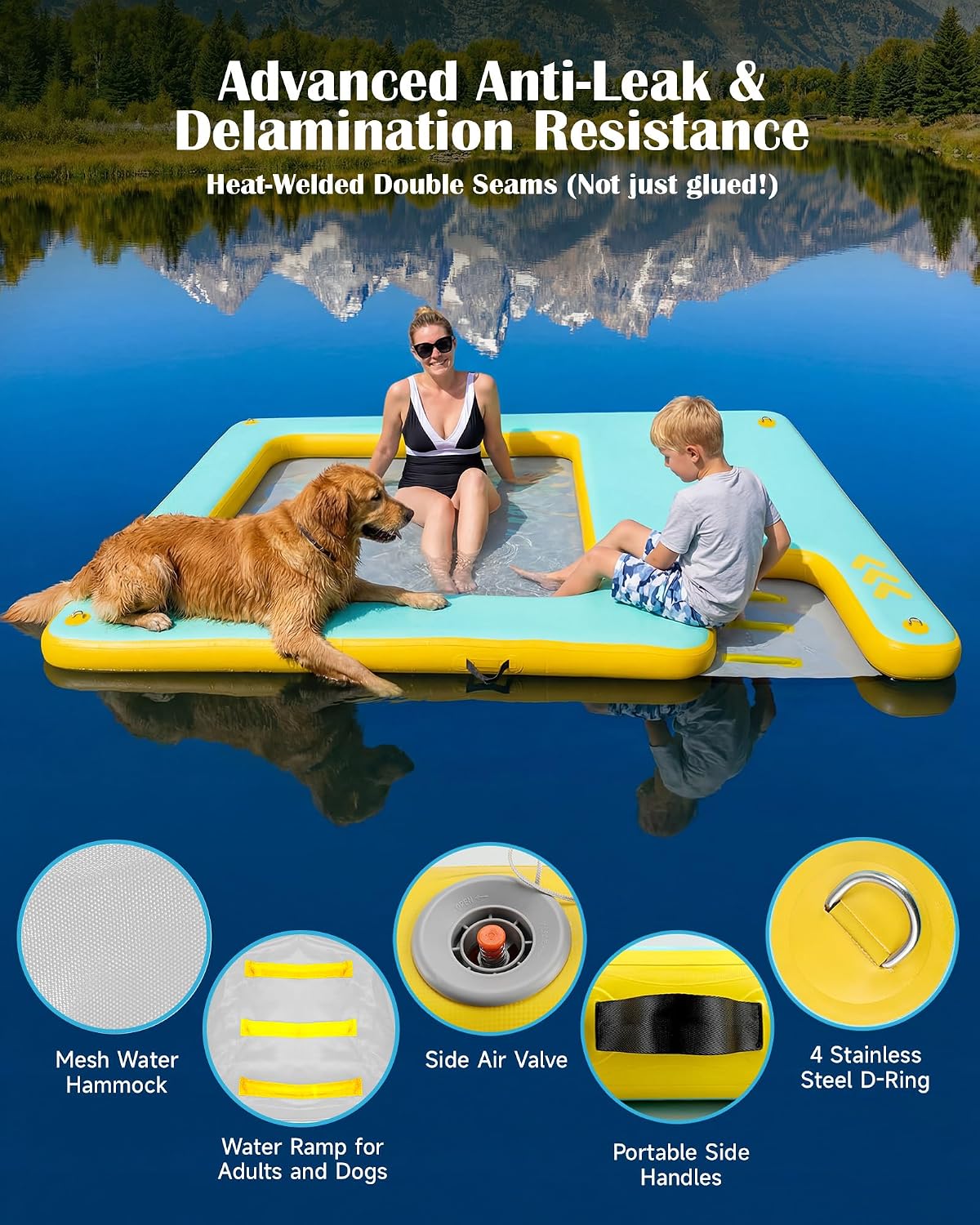 8FT Inflatable Floating Dock with Water Hammock & Dog Ramp, Portable Swim Platform for Lakes, Boats & Pools
