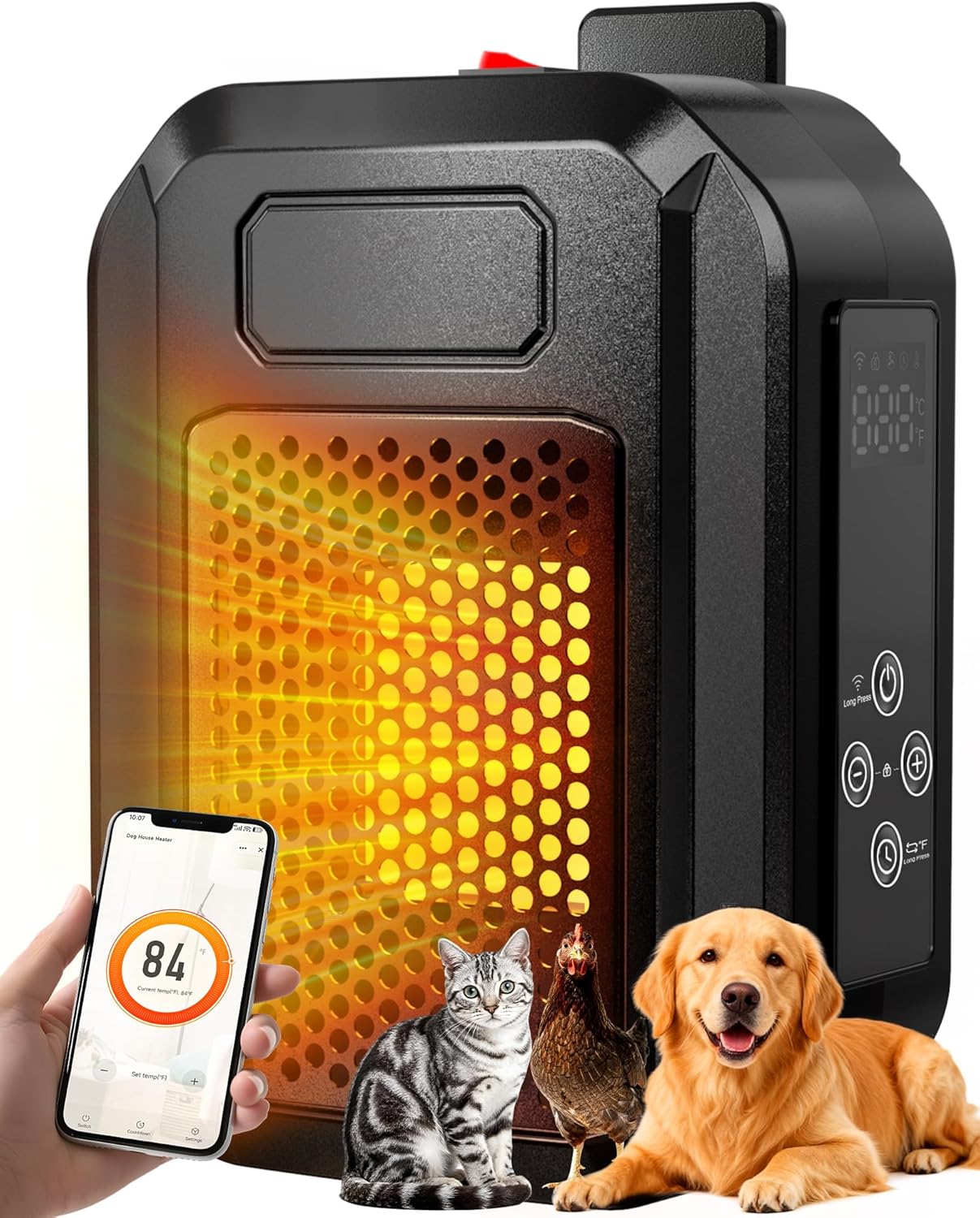 PETNF Dog House Heater with Thermostat & WiFi App Control, 68–104°F Adjustable Temp, 24H Timer, 500W Fast Heating, Safe Anti-Chew Cord, Outdoor Pet Heater for Dogs, Cats & Chicken Coops