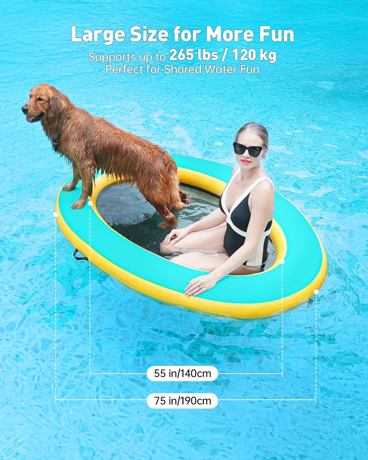 75"×55" Inflatable Dog Pool Float Lounger, Heavy-Duty PVC Raft for Large Dogs & Owner, 265 lbs