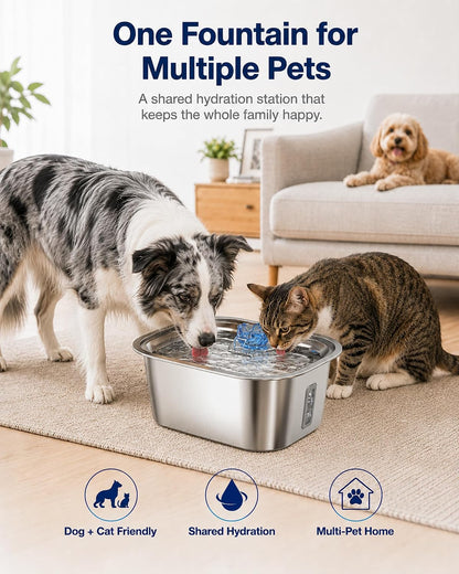2.4-Gallon Stainless Steel Dog Water Fountain for Large Dogs, 2 Filters, Visible Window, Quiet Pump & LED Low-Water Indicator