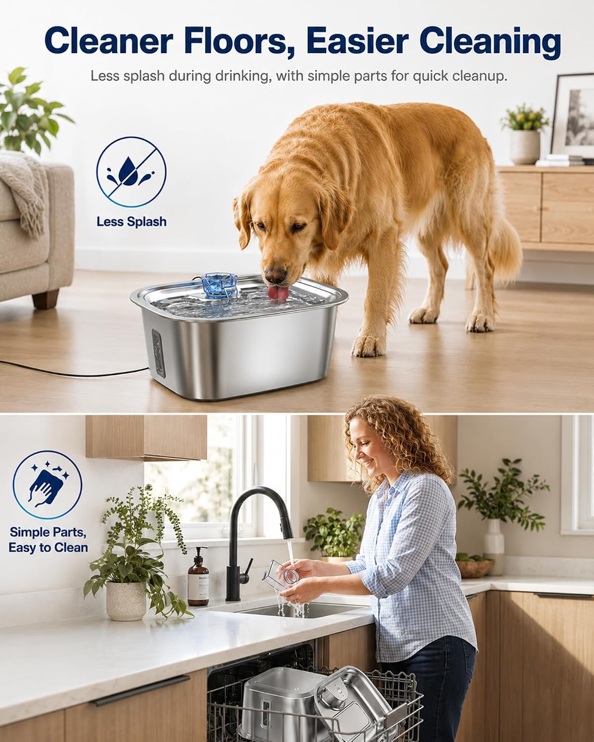 2.4-Gallon Stainless Steel Dog Water Fountain for Large Dogs, 2 Filters, Visible Window, Quiet Pump & LED Low-Water Indicator