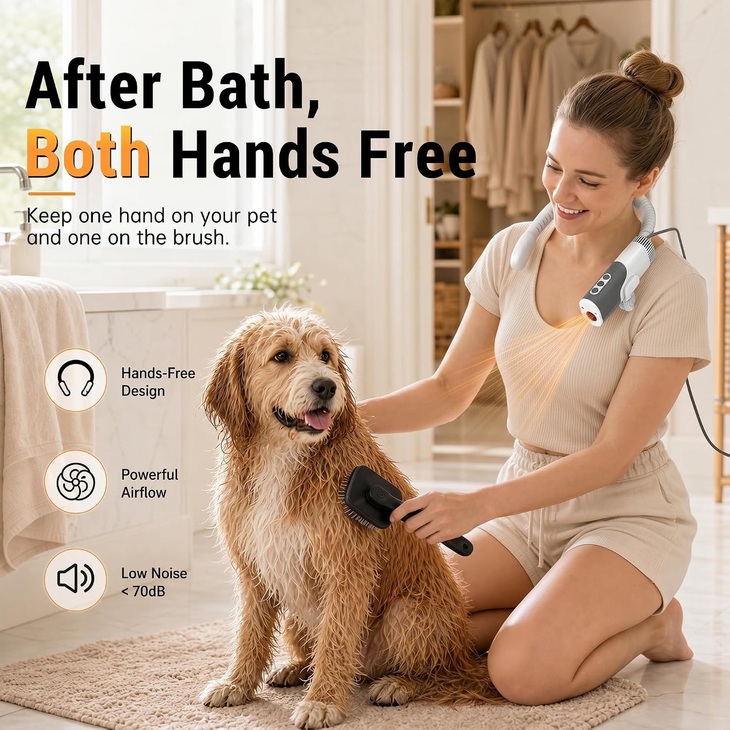 Hands-Free Neck-Hanging Pet Dryer, 1300W 110,000 RPM, 3 Speeds & 5 Heat