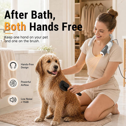 Hands-Free Neck-Hanging Pet Dryer, 1300W 110,000 RPM, 3 Speeds & 5 Heat