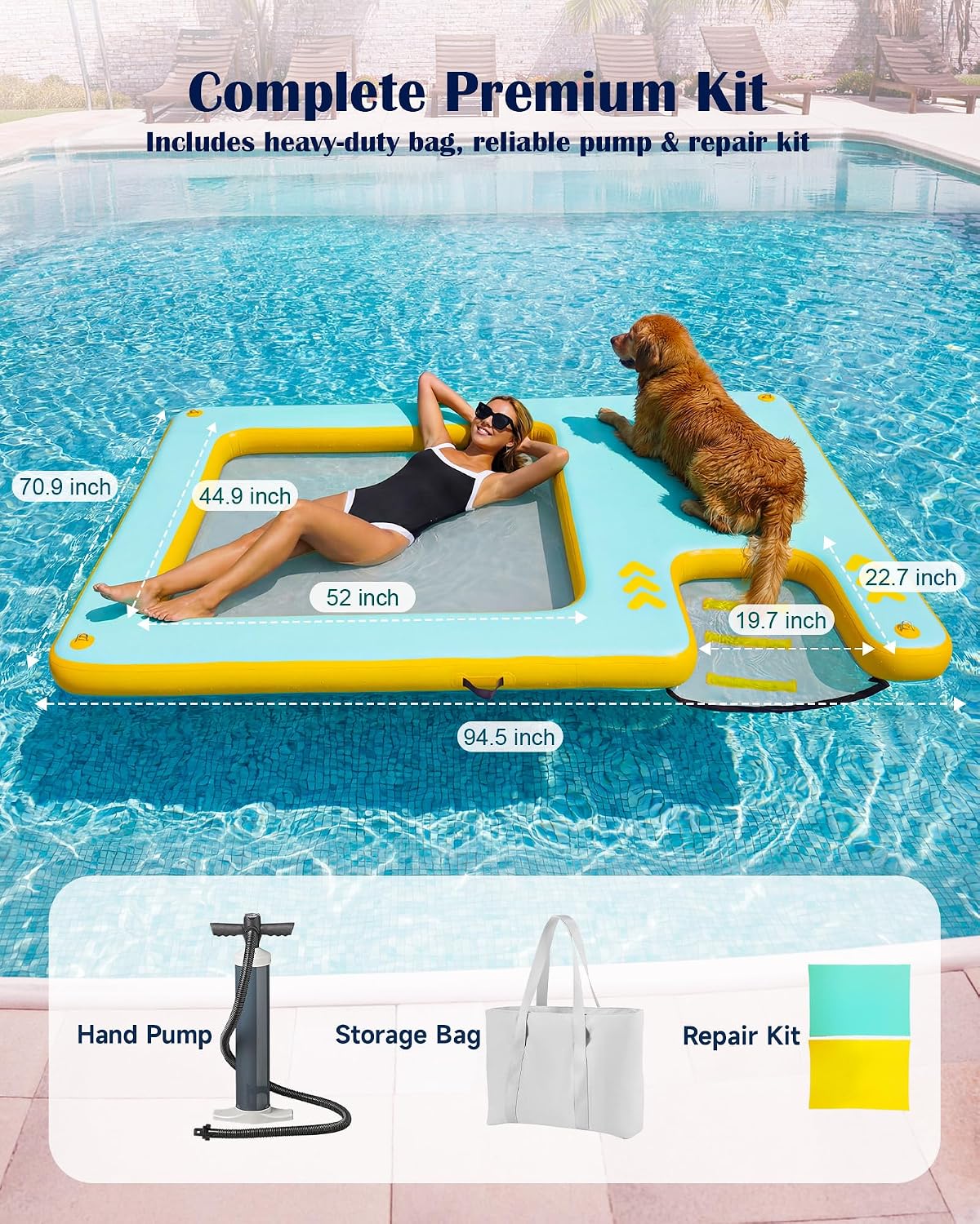 8FT Inflatable Floating Dock with Water Hammock & Dog Ramp, Portable Swim Platform for Lakes, Boats & Pools