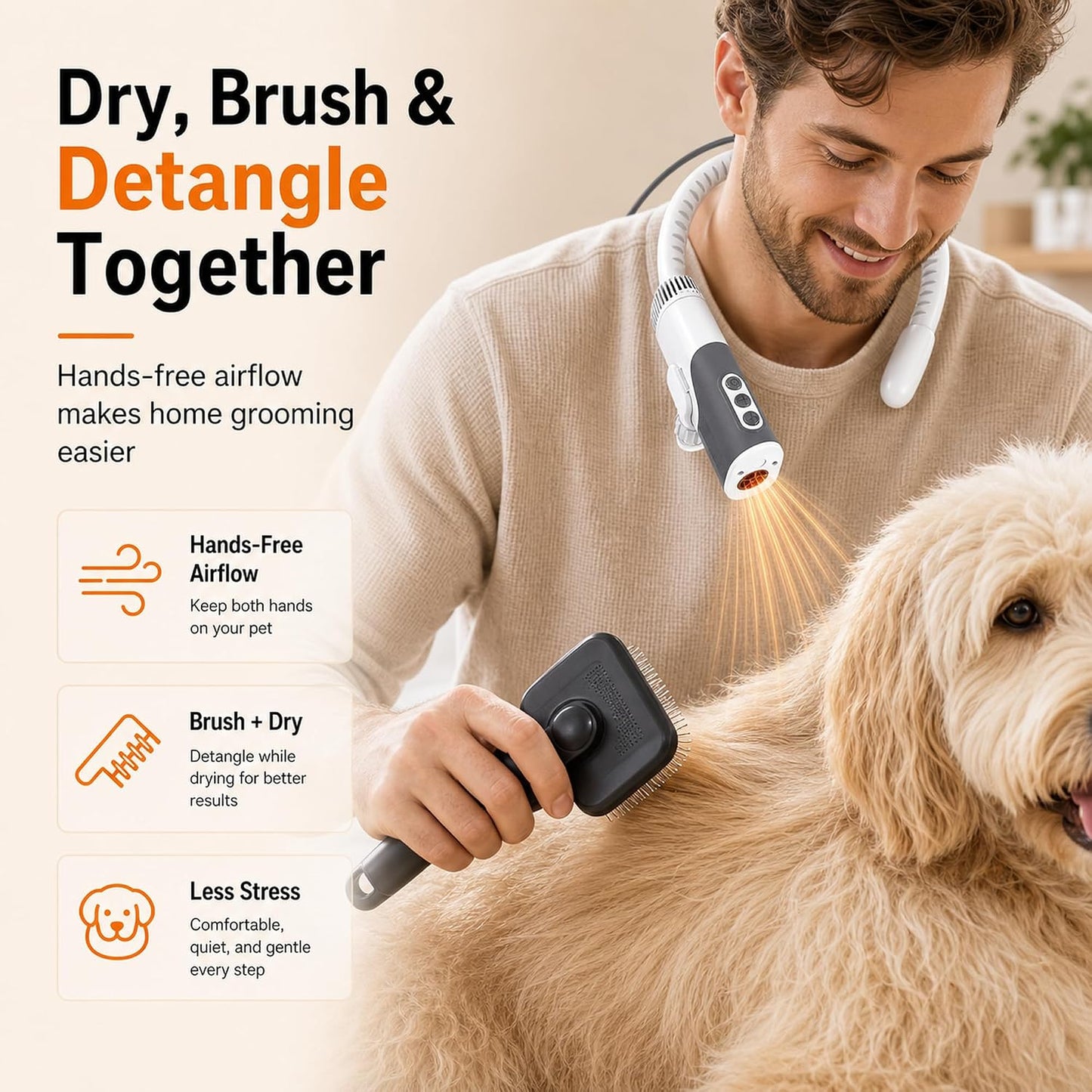 Hands-Free Neck-Hanging Pet Dryer, 1300W 110,000 RPM, 3 Speeds & 5 Heat