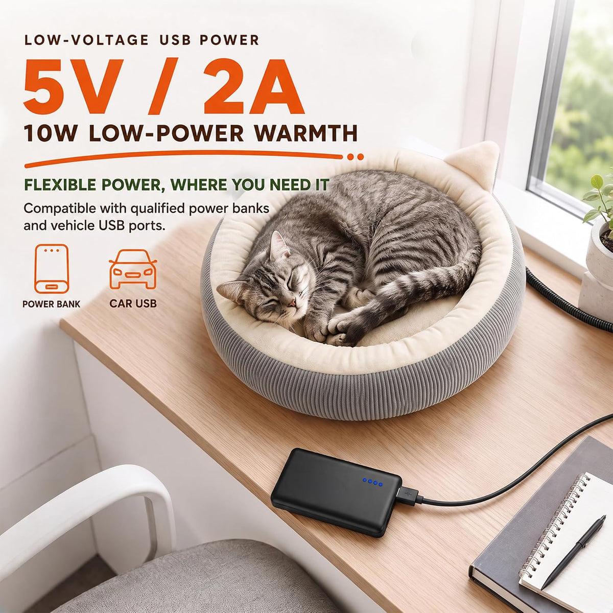 USB Heated Cat Bed, 18.9 in (48 cm) Round, 6 Heat Levels & Timer, Washable Cover, C2604