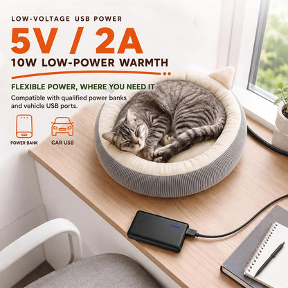 USB Heated Cat Bed, 18.9 in (48 cm) Round, 6 Heat Levels & Timer, Washable Cover, C2604