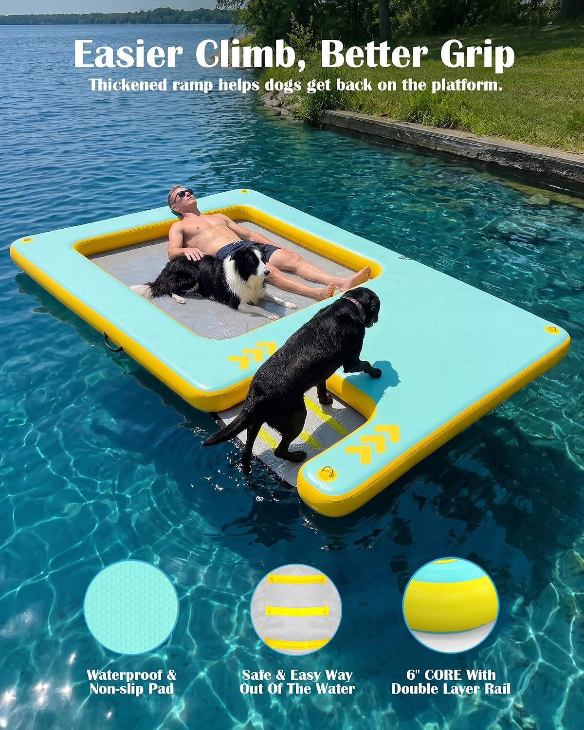 8FT Inflatable Floating Dock with Water Hammock & Dog Ramp, Portable Swim Platform for Lakes, Boats & Pools