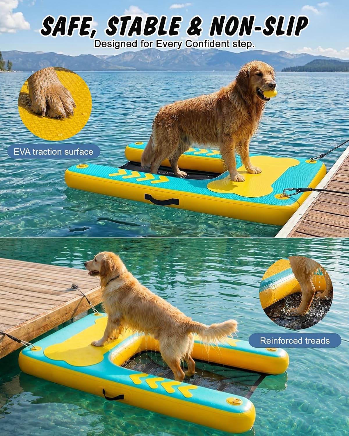 60"×40" Inflatable Dog Water Ramp for Boat & Dock, 240 lbs, EVA Non-Slip, Easy Exit for Large & Senior Dogs