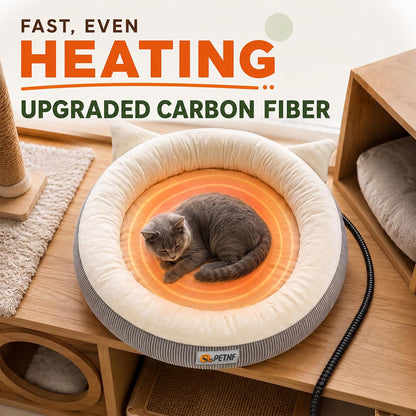 USB Heated Cat Bed, 18.9 in (48 cm) Round, 6 Heat Levels & Timer, Washable Cover, C2604