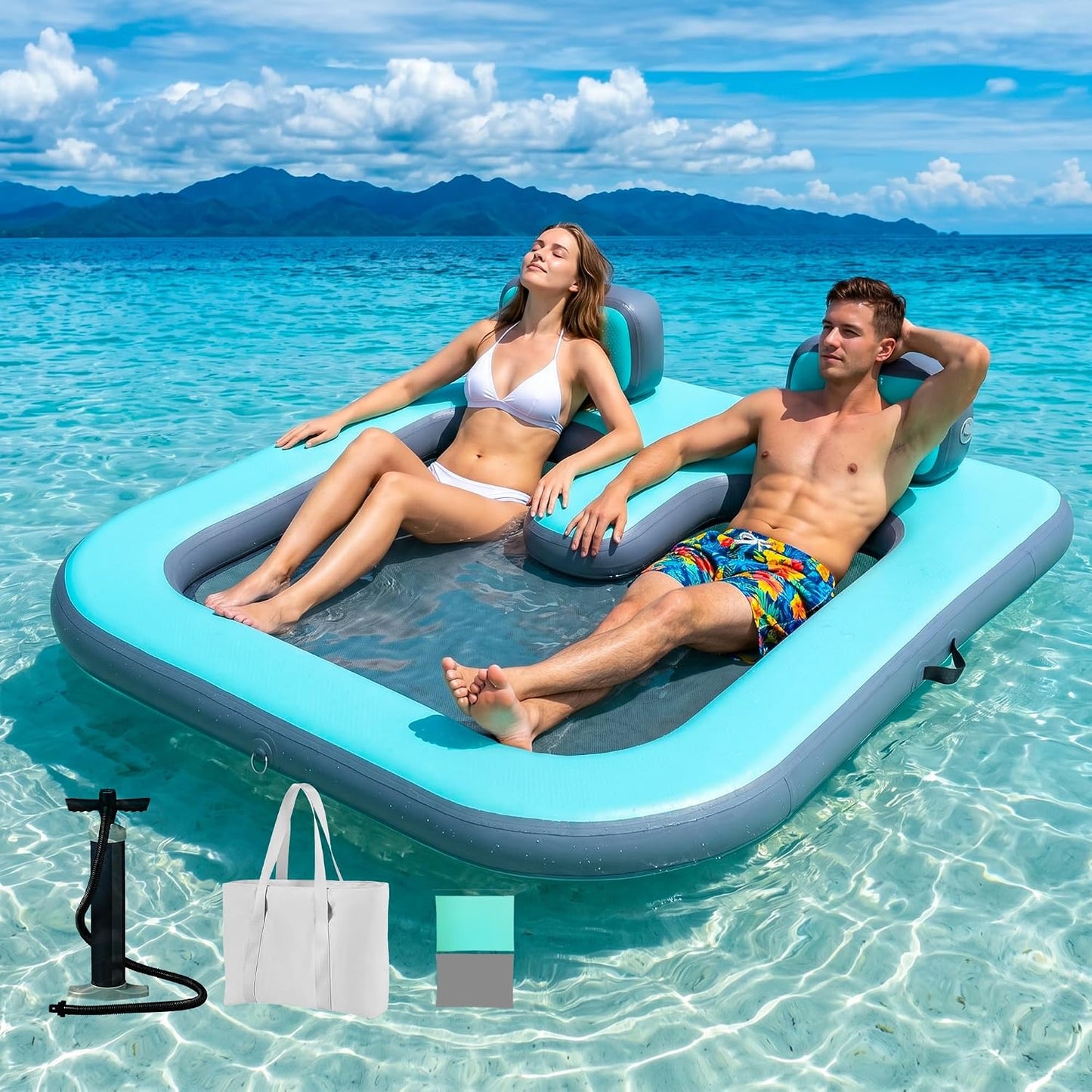 71"×71" Inflatable Floating Dock for 2 Adults, 500 lbs, Mesh Hammock, UV & Puncture Resistant
