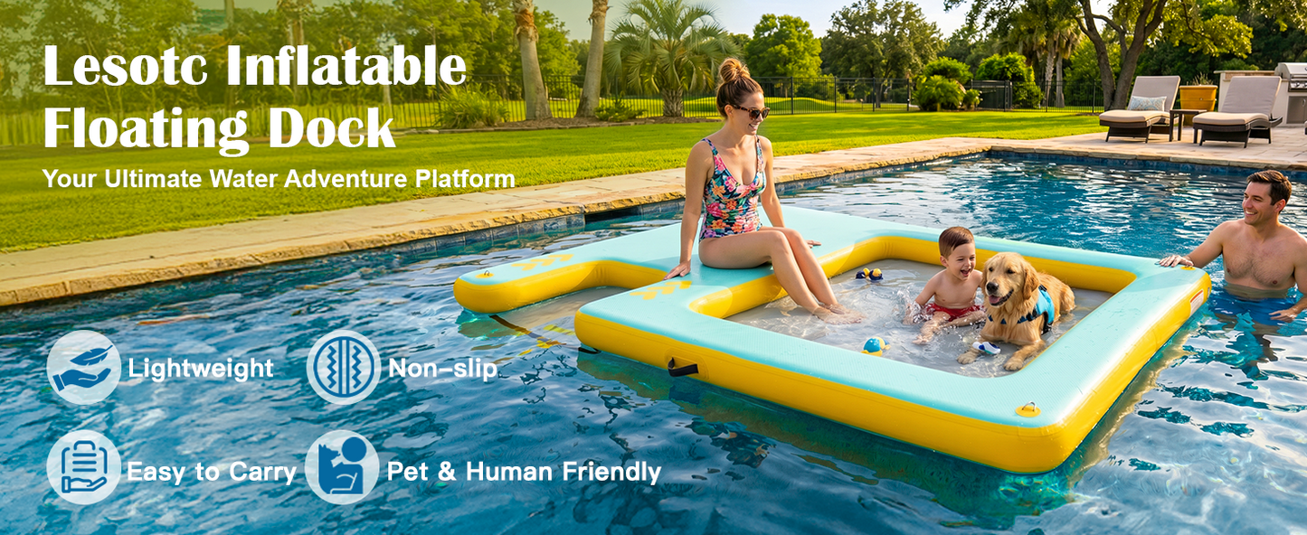 8FT Inflatable Floating Dock with Water Hammock & Dog Ramp, Portable Swim Platform for Lakes, Boats & Pools