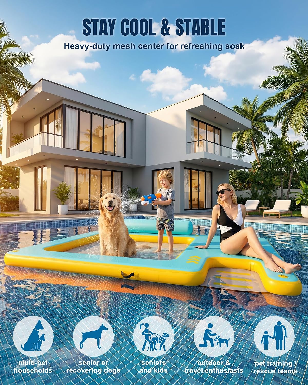10FT Inflatable Floating Dock with Water Hammock & Dog Ramp, Portable Swim Platform for Lakes, Boats & Pools