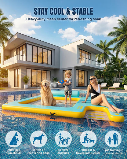 10FT Inflatable Floating Dock with Water Hammock & Dog Ramp, Portable Swim Platform for Lakes, Boats & Pools