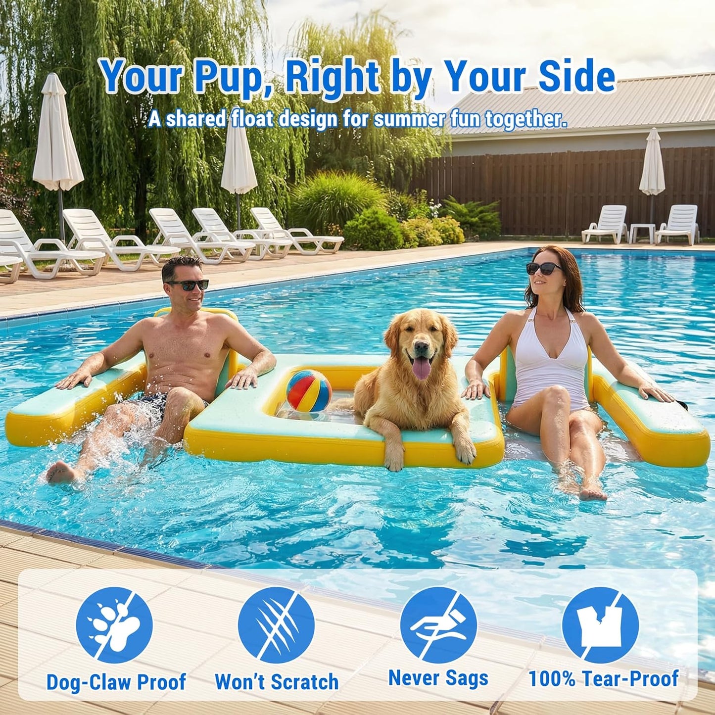 Inflatable Dog Pool Float with Seat, Durable PVC Raft for Adults & Dogs, 242 lbs, Portable Floating Lounge