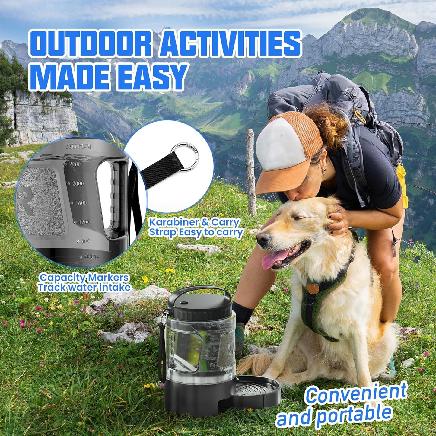 95OZ Dog Water Bottle with Pull-Out Bowl, Leak-Proof Portable Dispenser for Travel & Outdoors
