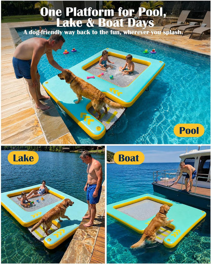 8FT Inflatable Floating Dock with Water Hammock & Dog Ramp, Portable Swim Platform for Lakes, Boats & Pools