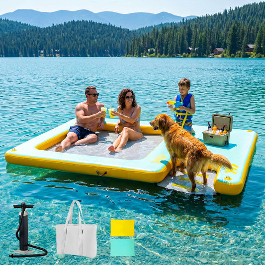 8FT Inflatable Floating Dock with Water Hammock & Dog Ramp, Portable Swim Platform for Lakes, Boats & Pools