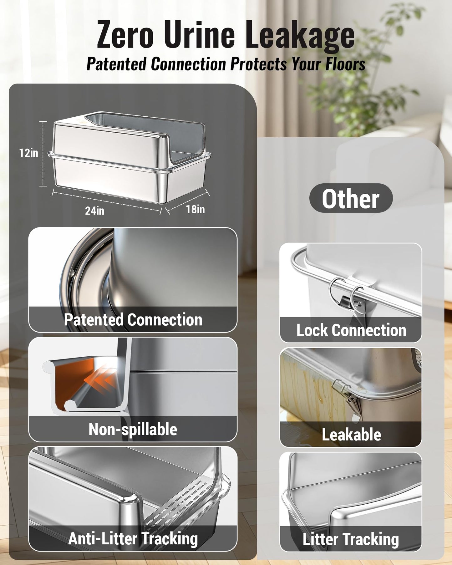 All-Stainless Steel Cat Litter Box – Odor-Resistant, Leak-Proof, Extra-Large Design for Big Cats & Multi-Cat Homes