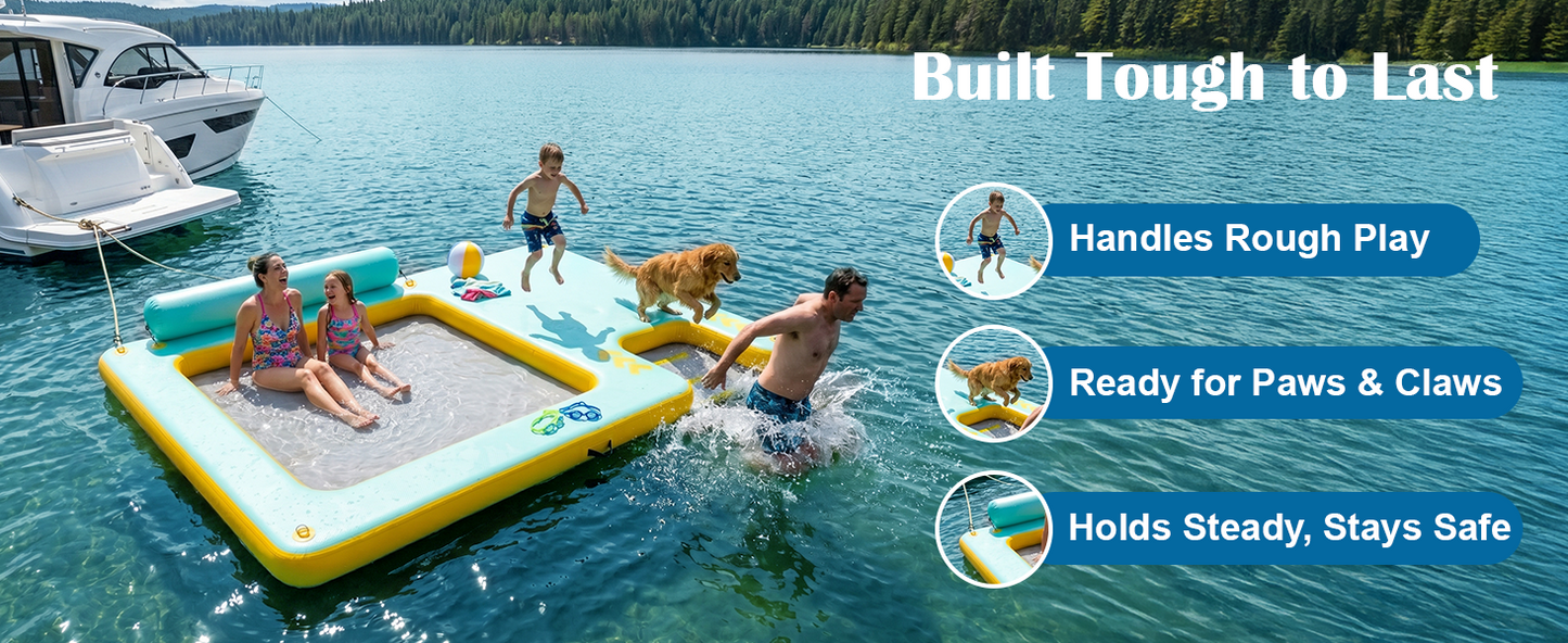 10FT Inflatable Floating Dock with Water Hammock & Dog Ramp, Portable Swim Platform for Lakes, Boats & Pools