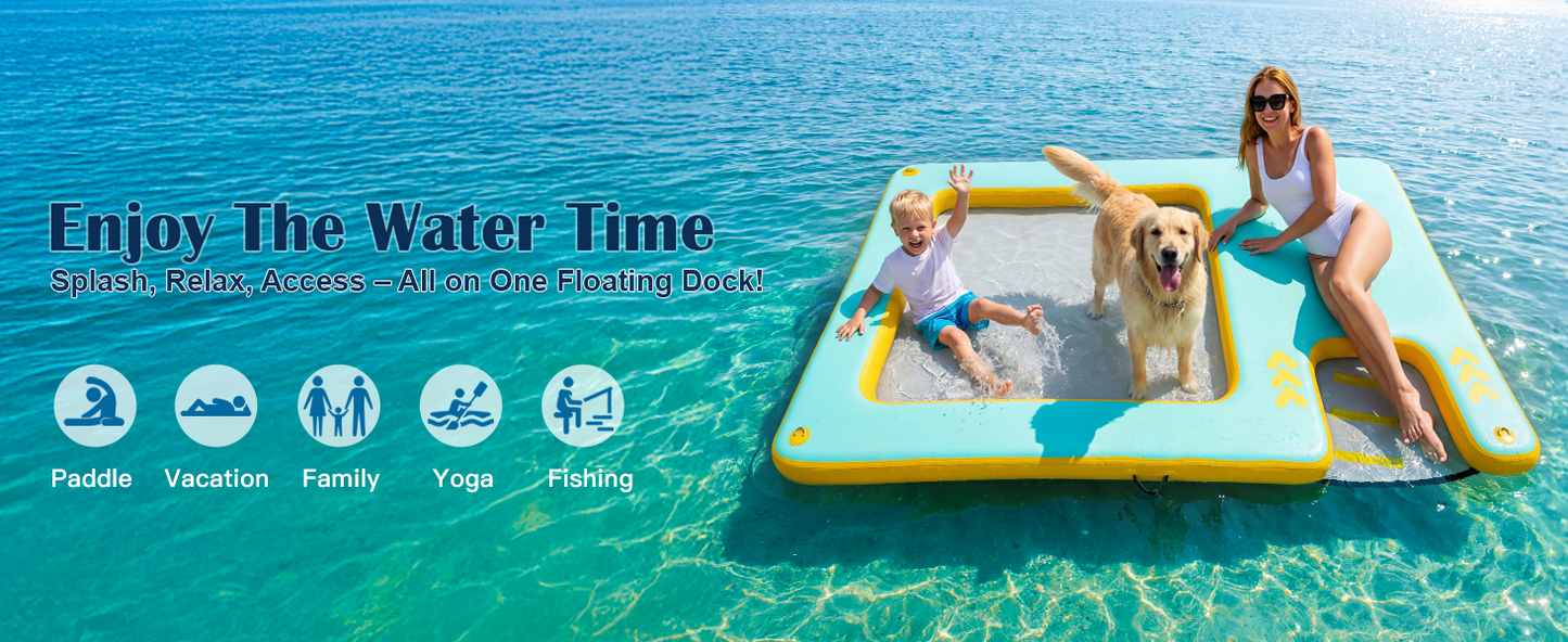 8FT Inflatable Floating Dock with Water Hammock & Dog Ramp, Portable Swim Platform for Lakes, Boats & Pools