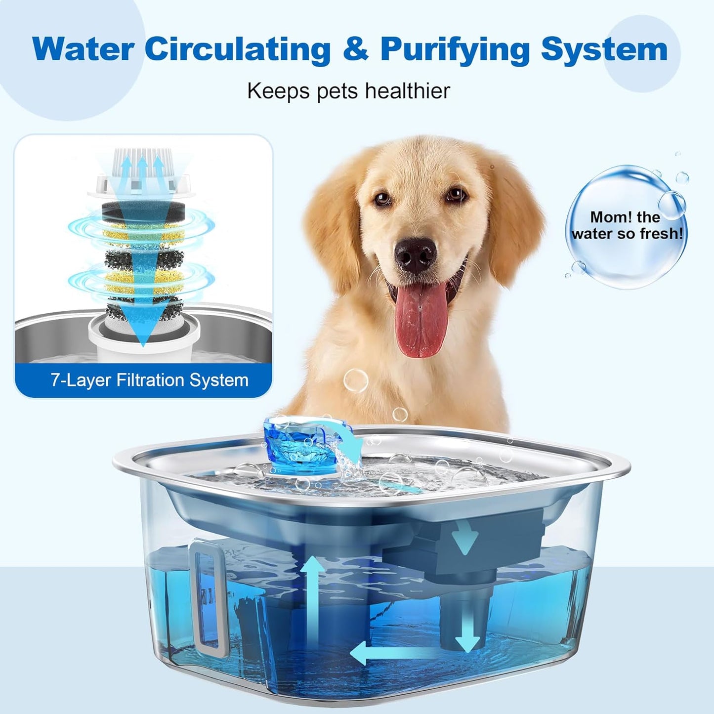 3Gal Stainless Steel Dog Water Fountain with Water Level Window for Large Dogs