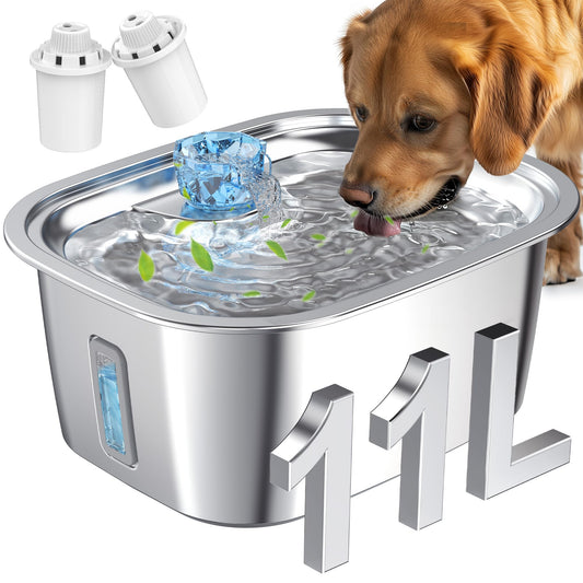 3Gal Stainless Steel Dog Water Fountain with Water Level Window for Large Dogs