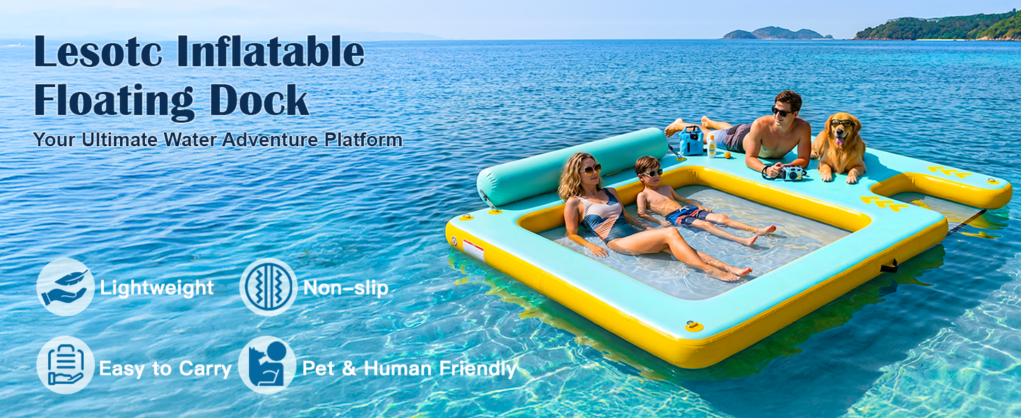 10FT Inflatable Floating Dock with Water Hammock & Dog Ramp, Portable Swim Platform for Lakes, Boats & Pools