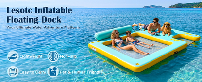 10FT Inflatable Floating Dock with Water Hammock & Dog Ramp, Portable Swim Platform for Lakes, Boats & Pools
