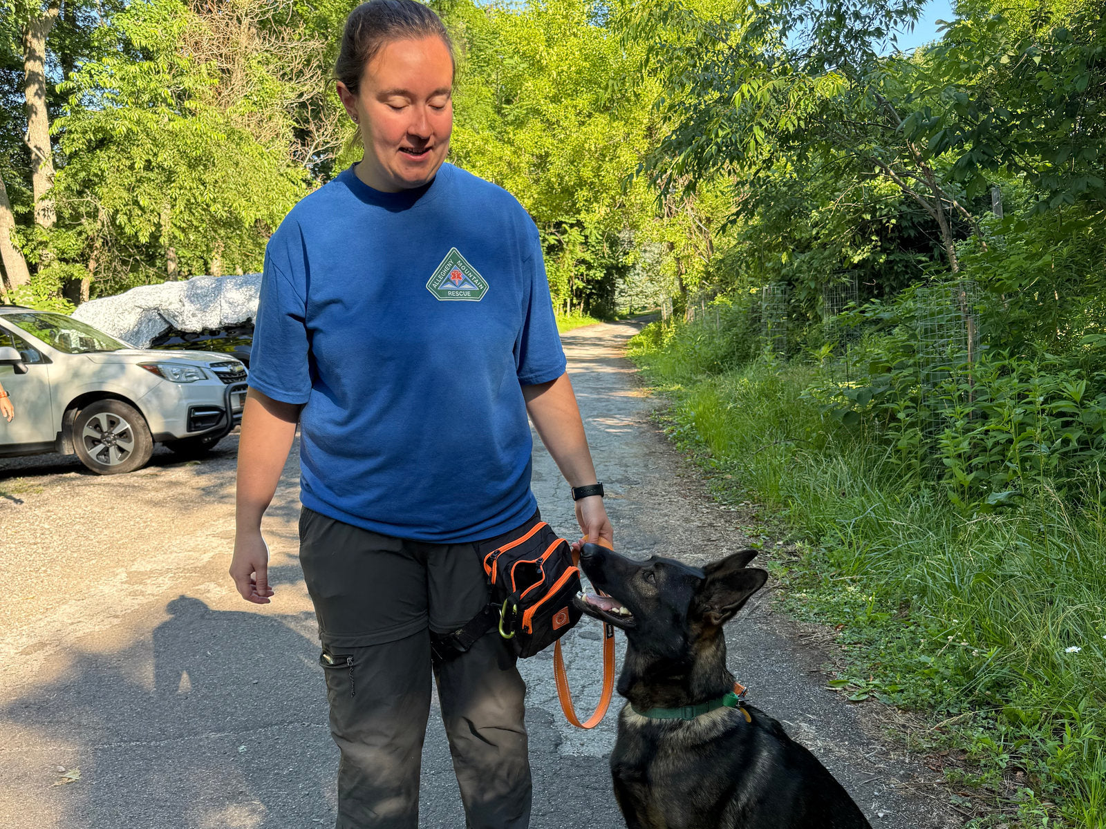 Allegheny Mountain Rescue Group K9 team using donated protective dog boots during field training