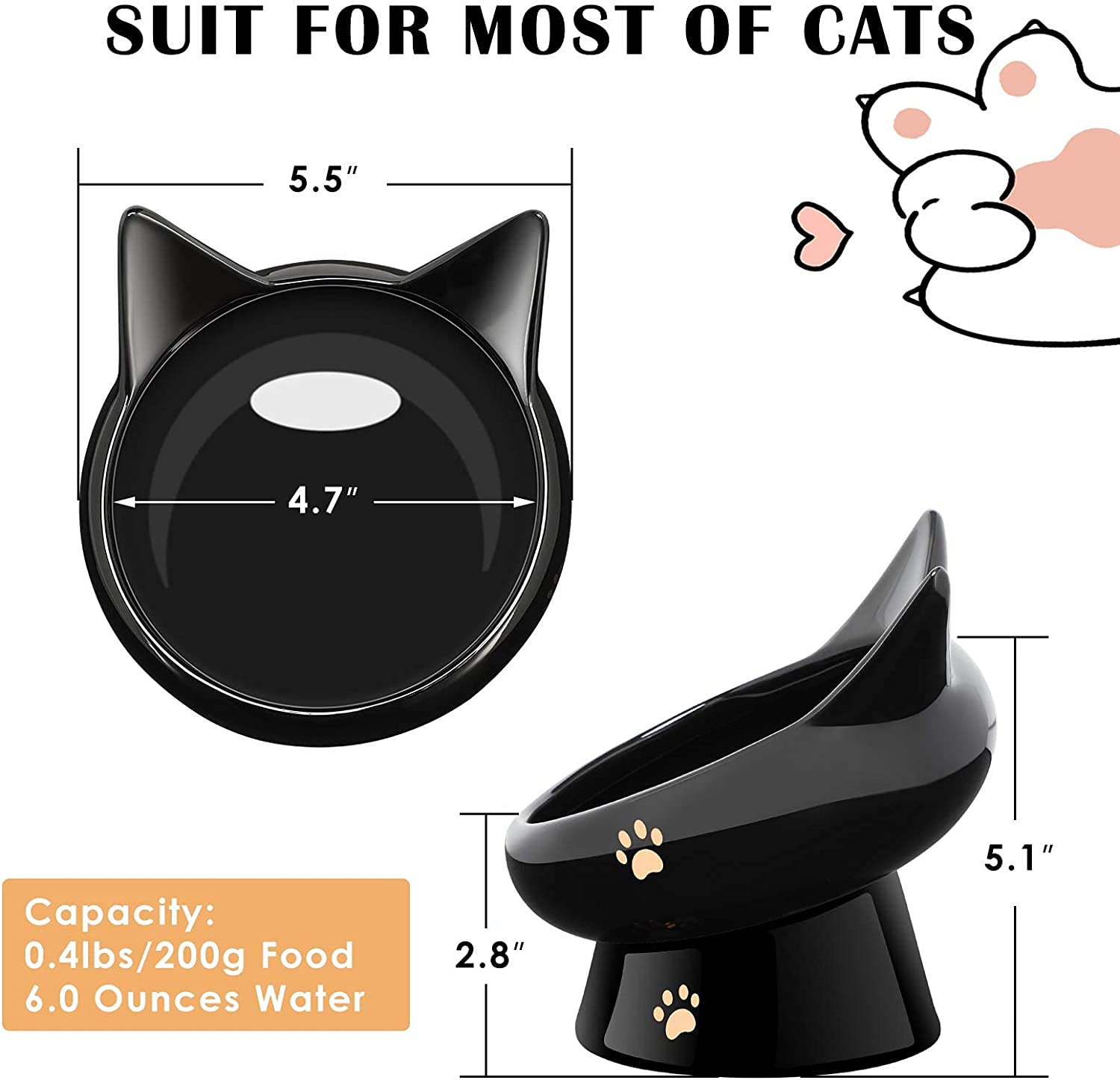 Cat Bowl,Raised Cat Food Bowls Anti Vomiting,Tilted Elevated Cat Bowl,Ceramic Pet Food Bowl for Flat-Faced Cats,Small Dogs,Protect Pets Spine,Dishwas