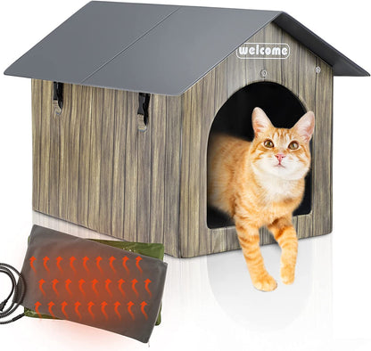 Waterproof Cat House for Outdoor, 2 Doors Heated Cat Bed for Outside Feral Cats