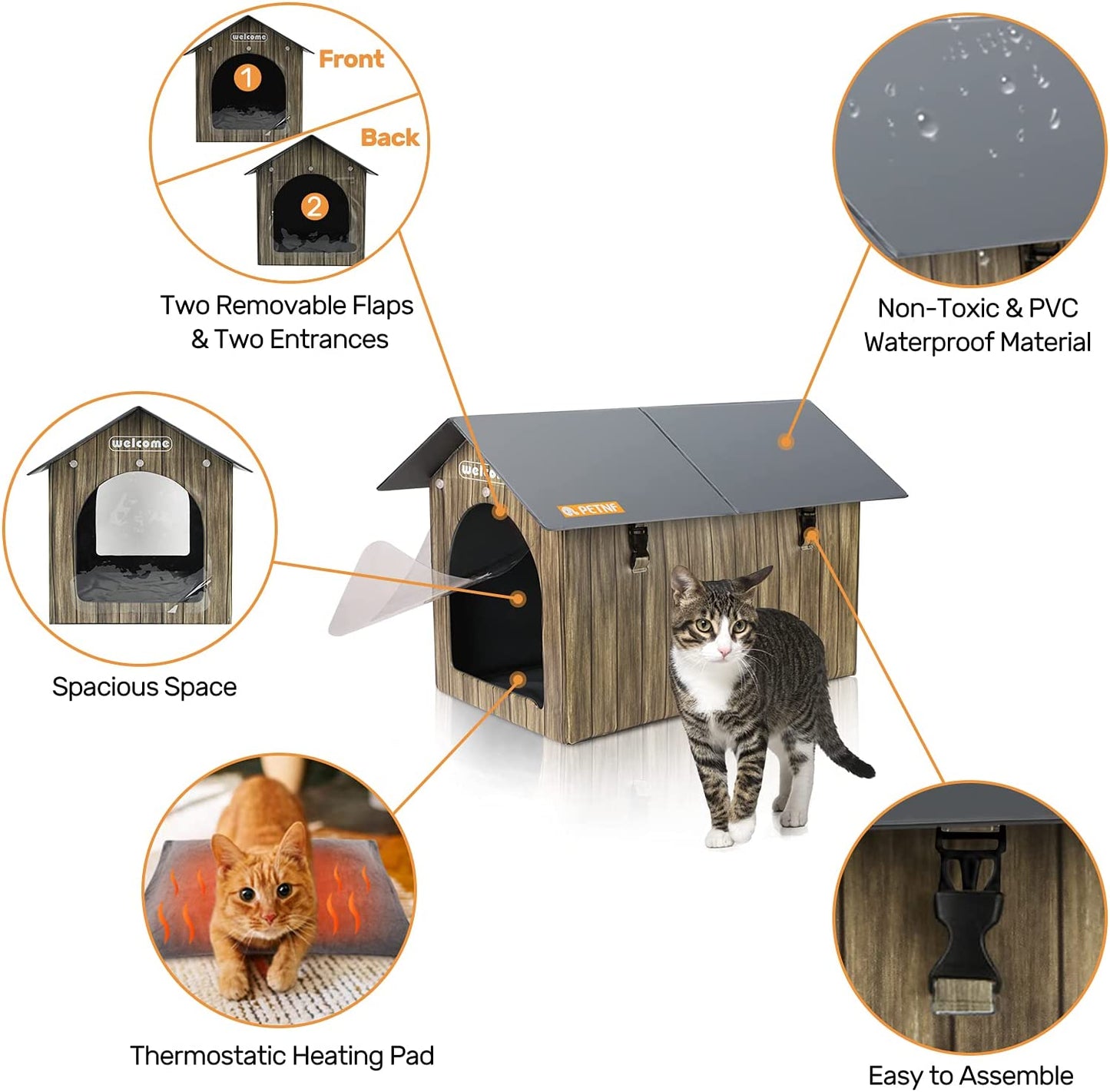 Waterproof Cat House for Outdoor, 2 Doors Heated Cat Bed for Outside Feral Cats