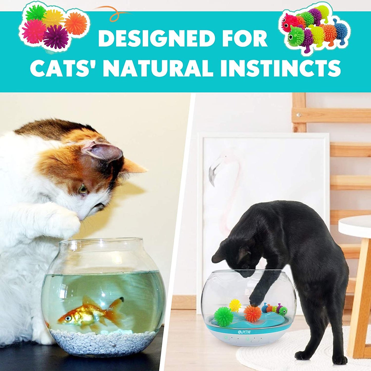 Newest Interactive Cat Toy,Fish Bowl-Shaped Kitten Toys,Cat Feather Toys Timer Setting