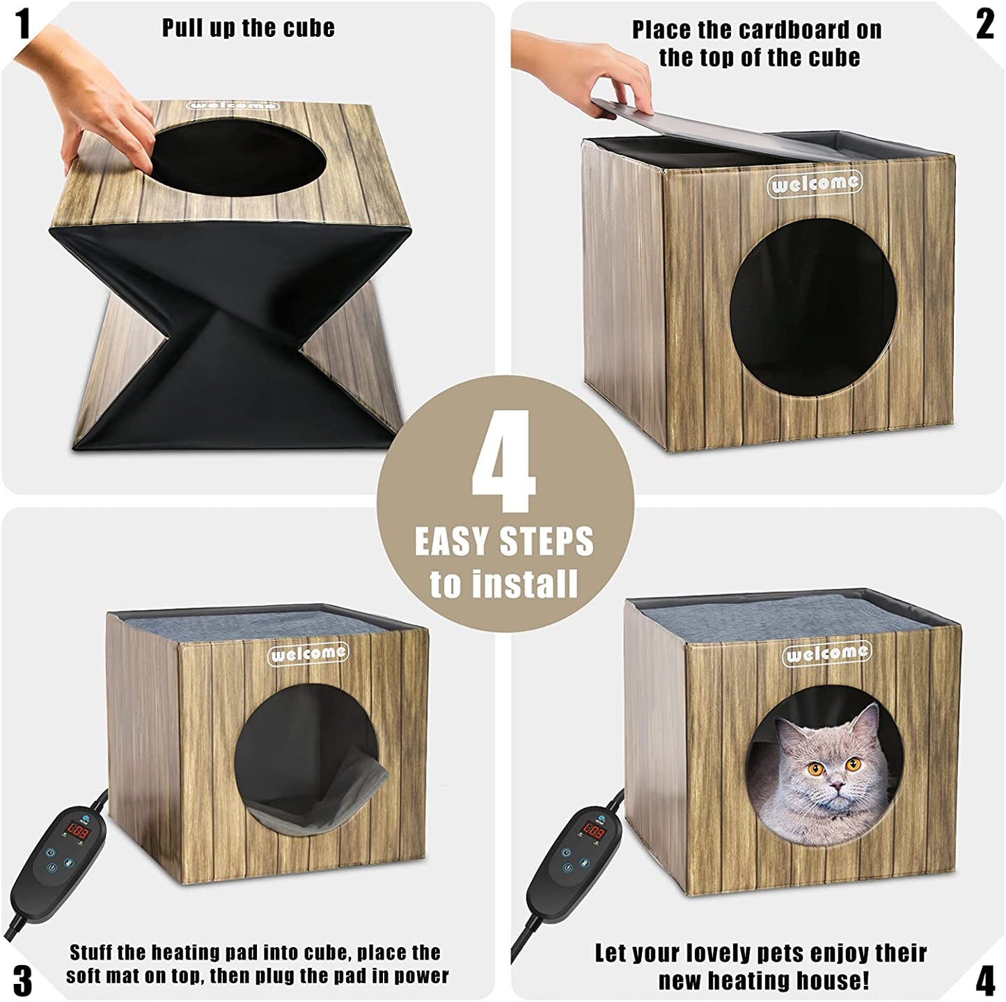 Heated Cat House, Heating Cat Houses for Outdoor Indoor Cats and Small Dogs with Heated Mat