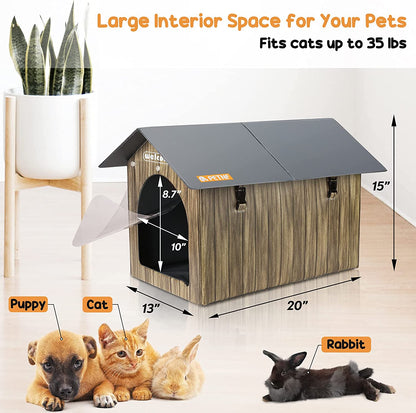 Waterproof Cat House for Outdoor, 2 Doors Heated Cat Bed for Outside Feral Cats