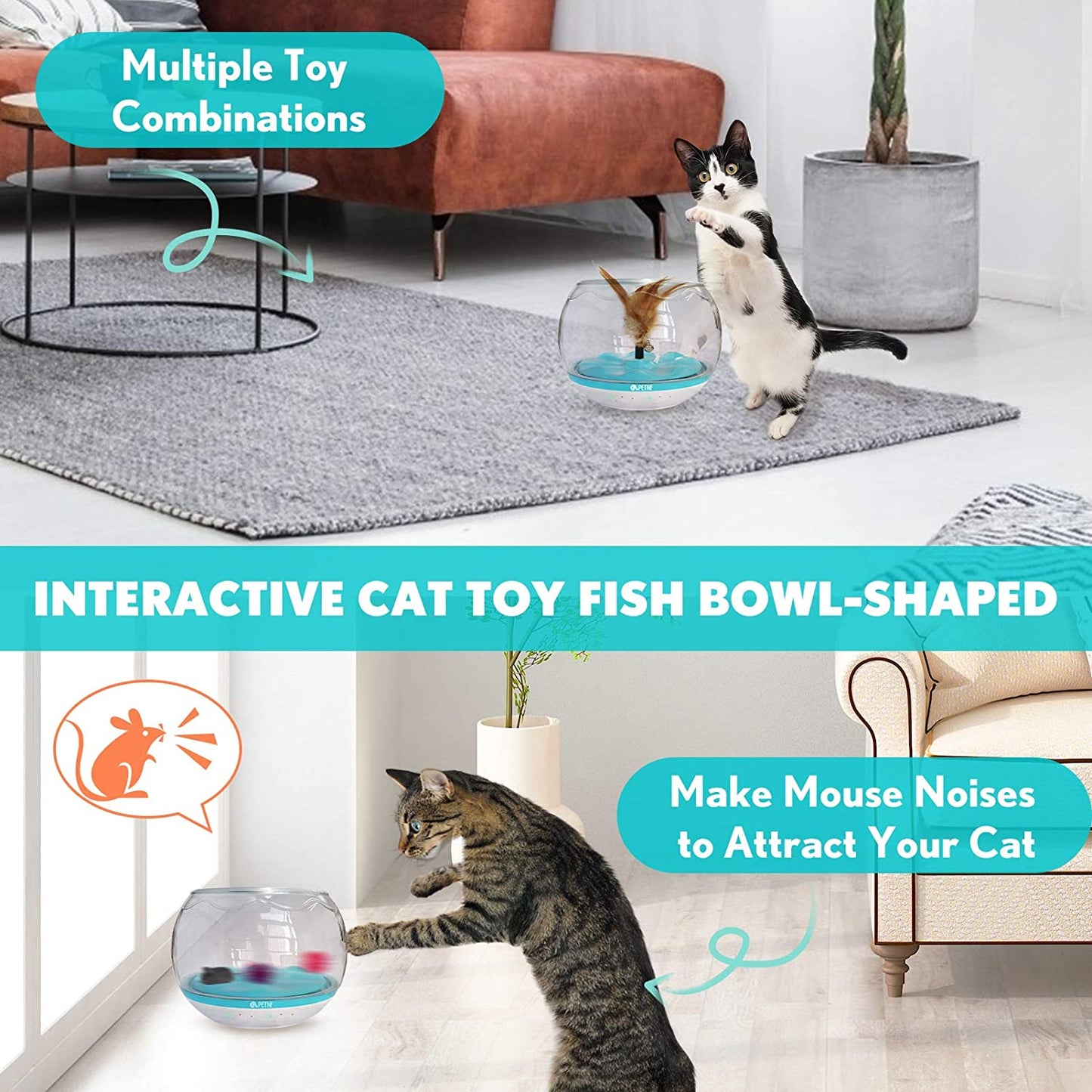 Newest Interactive Cat Toy,Fish Bowl-Shaped Kitten Toys,Cat Feather Toys Timer Setting