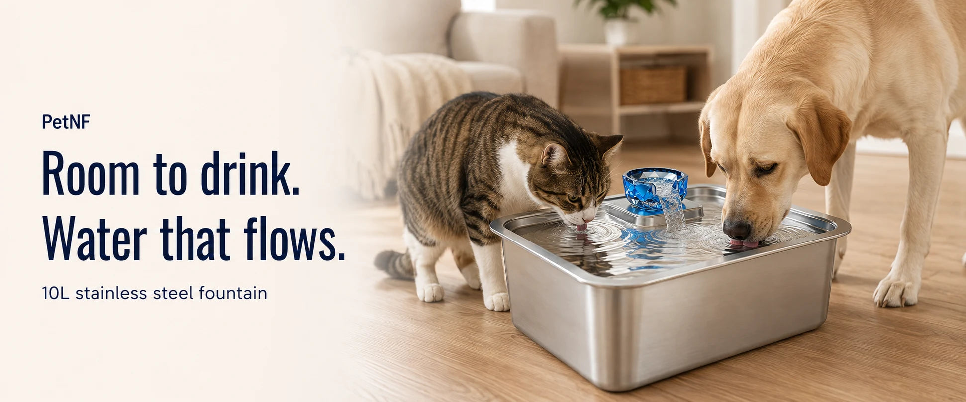 PetNF — Room to drink. Water that flows. A Labrador and cat drink together from the CAD-referenced D2341 10L stainless steel fountain.