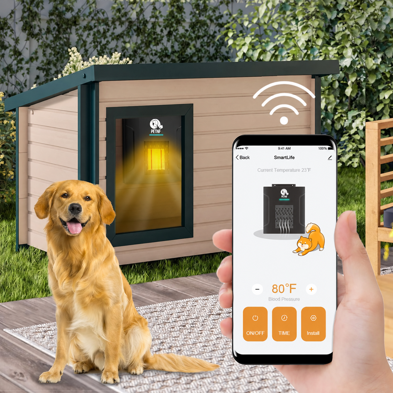 PetNF smart dog house heater installed for outdoor winter comfort